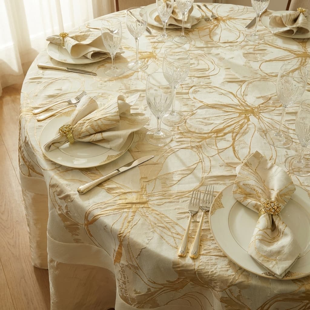 Elegant table setting with luxury gold floral tablecloth and fine dining accessories