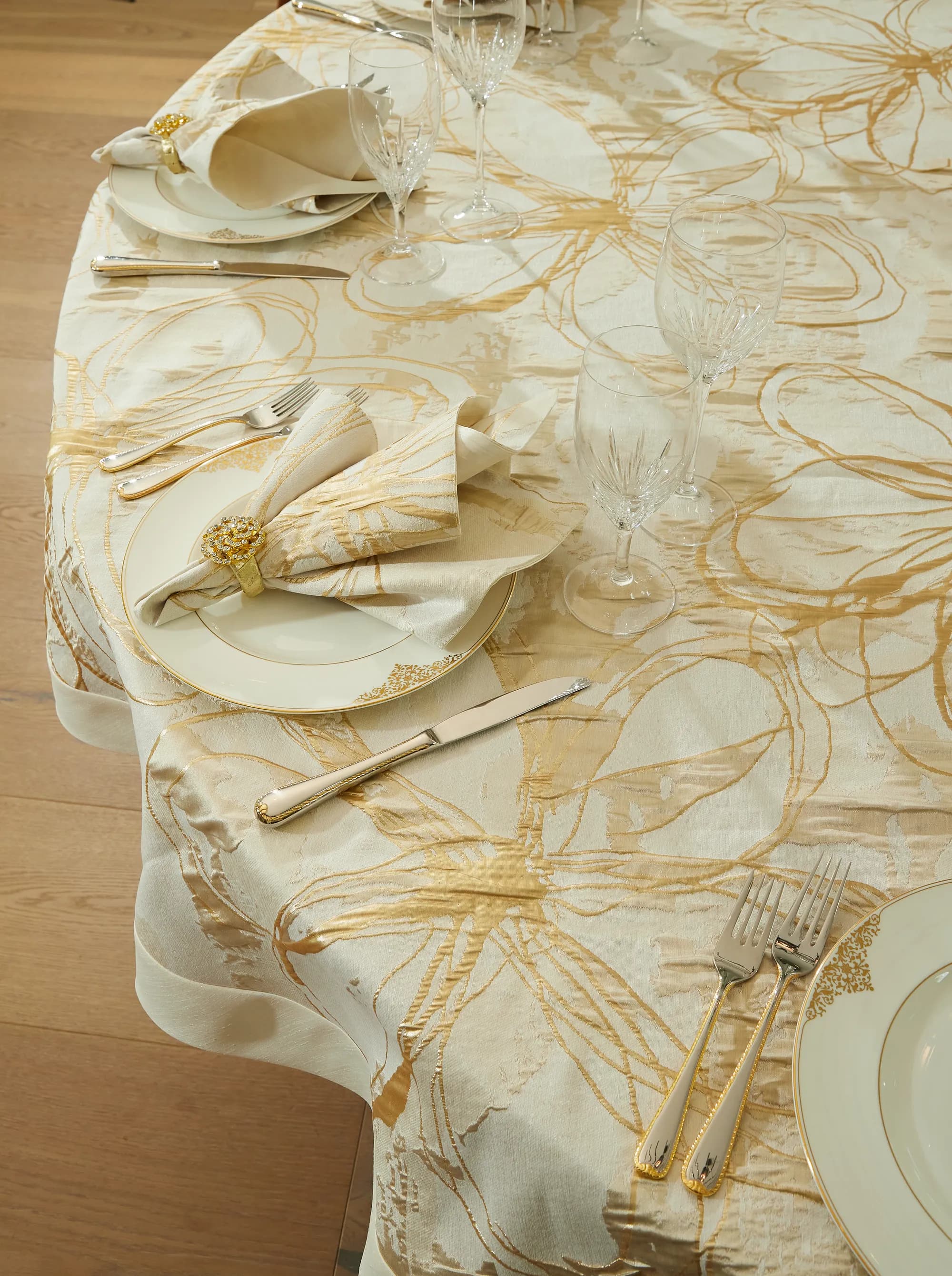 Elegant dining table setting with luxury tablecloth